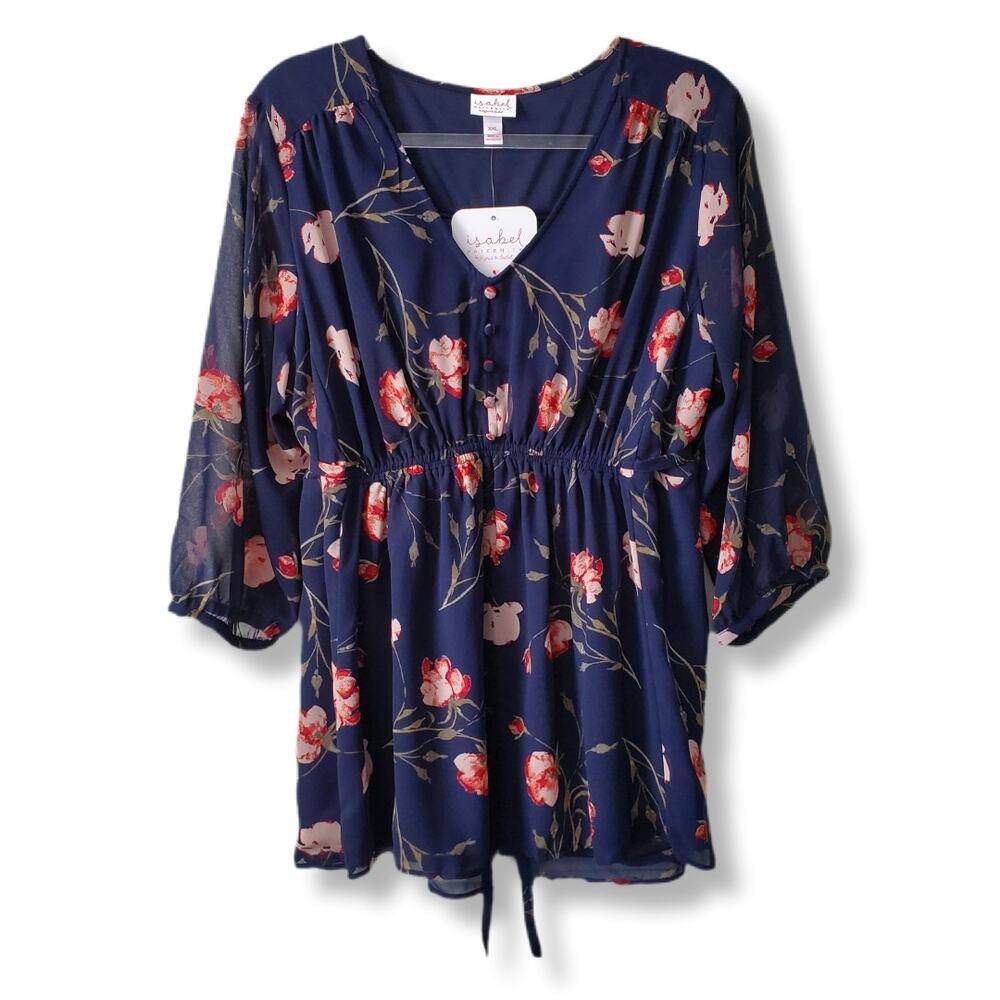 Ingrid Isabel Maternity Blue Floral Blouse Top XXL Flowy Relaxed Adjustable NEW